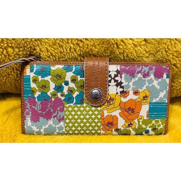 Fossil Vintage Zip Around Wallet Geometric Floral Print checkbook wristlet boho - Picture 1 of 9